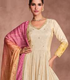 Off White & Yellow Viscos Shimmer Embroidered Readymade Anarkali Suit