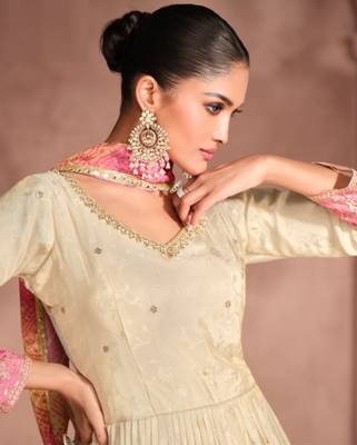 Off white & pink viscos shimmer embroidered anarkali suit (free size) 2
