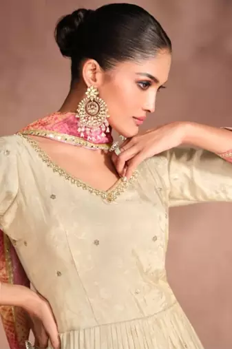 Off white & pink viscos shimmer embroidered anarkali suit (free size)