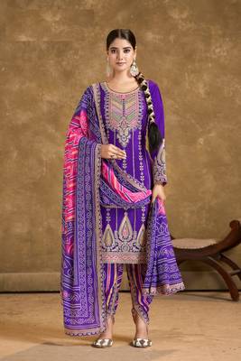 Purple chinon sequin embroidered salwar suit (free size) 1