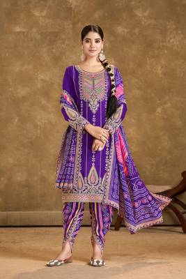 Purple chinon sequin embroidered salwar suit (free size) 2