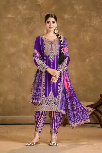 Purple chinon sequin embroidered salwar suit (free size)