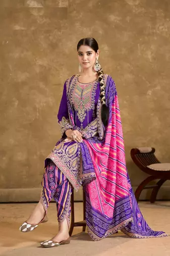 Purple chinon sequin embroidered salwar suit (free size)