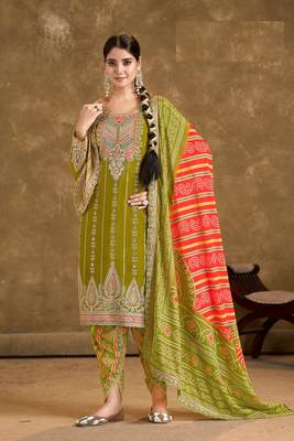 Green chinon sequin embroidered salwar suit (free size) 1
