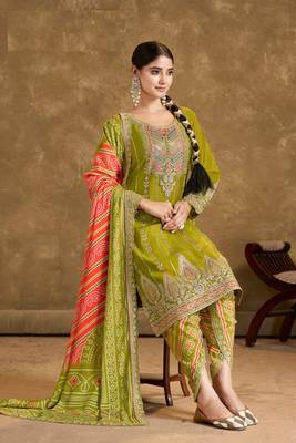 Green chinon sequin embroidered salwar suit (free size) 2