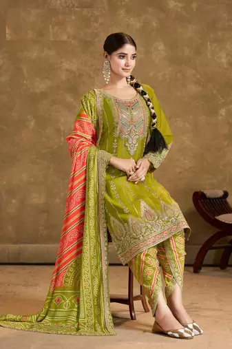 Green chinon sequin embroidered salwar suit (free size)