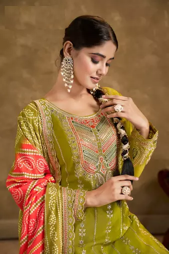 Green chinon sequin embroidered salwar suit (free size)