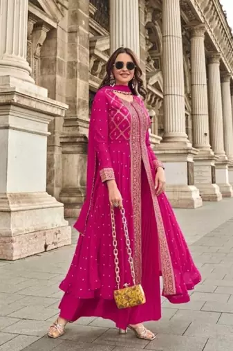 Pink chinon sequin embroidered salwar suit (free size)