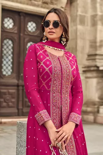Pink chinon sequin embroidered salwar suit (free size)