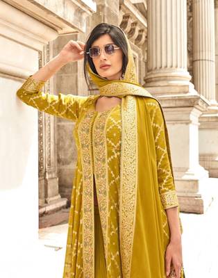 Yellow chinon sequin embroidered salwar suit (free size) 2