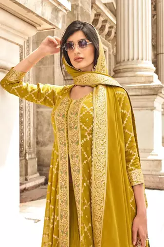 Yellow chinon sequin embroidered salwar suit (free size)