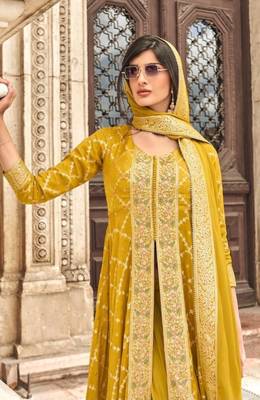 Yellow chinon sequin embroidered salwar suit (free size) 3
