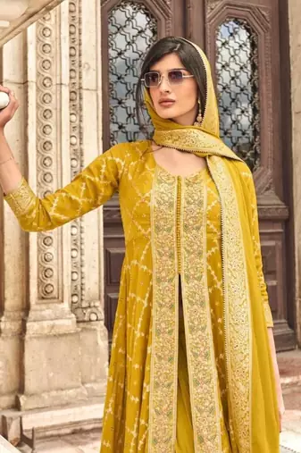 Yellow chinon sequin embroidered salwar suit (free size)