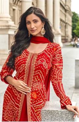 Red faux georgette printed embroidered salwar suit (free size) 1