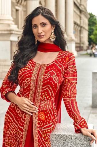 Red faux georgette printed embroidered readymade salwar suit (free size)