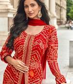 Red faux georgette printed embroidered salwar suit (free size)