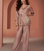 Rose gold embroidery sequins work silk shirt palazzo- free size stitched(size upto 42")