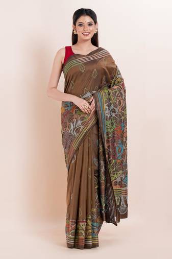 Blended silk hand kantha work saree