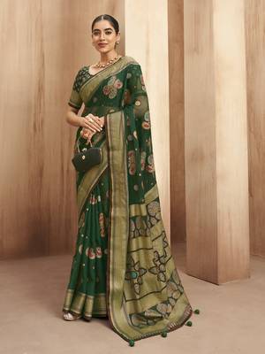 poly viscose georgette paisley banarasi saree(dark green) 1