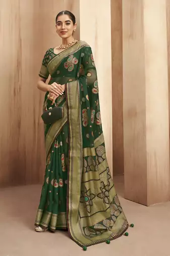 poly viscose georgette paisley banarasi saree(dark green)