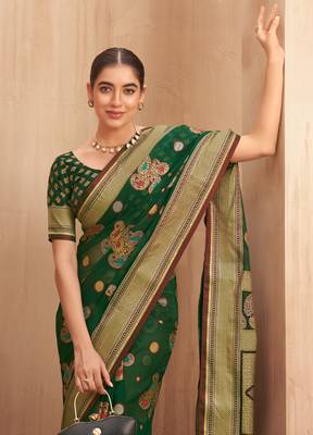 poly viscose georgette paisley banarasi saree(dark green) 2