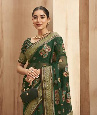 poly viscose georgette paisley banarasi saree(dark green) 3