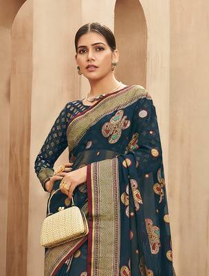 poly viscose georgette paisley banarasi saree (dark blue) 3