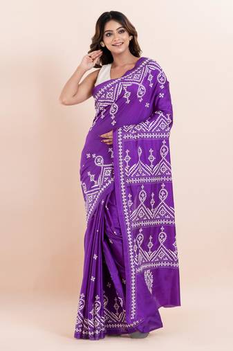 Blended silk hand kantha work saree