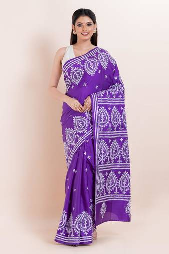 Blended silk hand kantha work saree