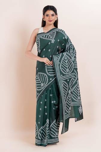 Blended silk hand kantha work saree