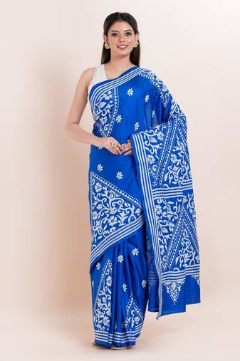Blended silk hand kantha work saree