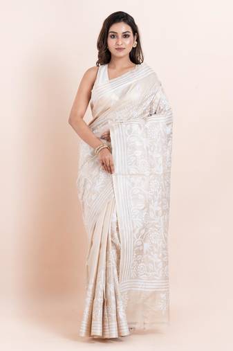 White Pure Tussar silk hand kantha work saree