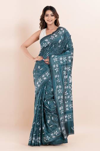 Blended silk hand kantha work saree