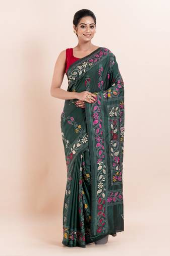 Blended silk hand kantha work saree