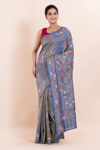 Blended silk hand kantha work saree
