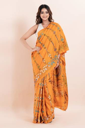 Blended silk hand kantha work saree