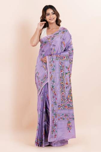 Blended silk hand kantha work saree