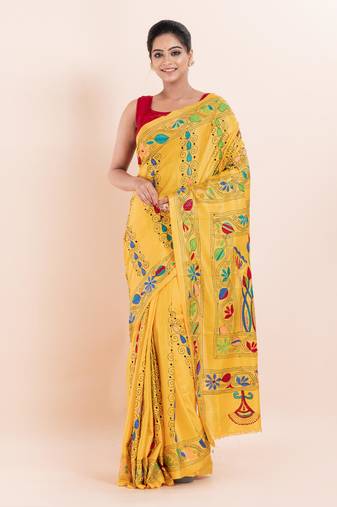 Blended silk hand kantha work saree