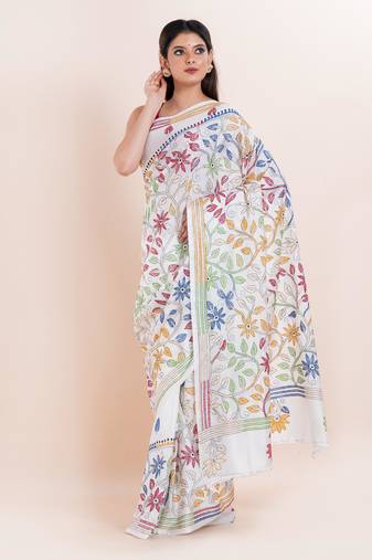 Blended silk hand kantha work saree