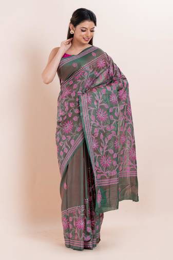Blended silk hand kantha work saree