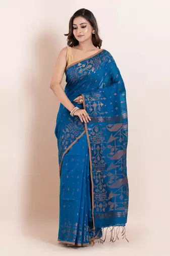 Blended cotton geometric work  handloom saree with blouse fabric