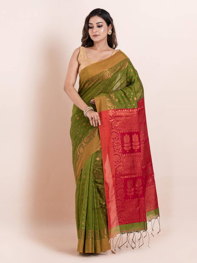 Blended cotton floral work  handloom saree with blouse fabric