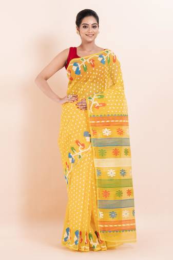 Silk cotton jamdani saree without blouse fabric