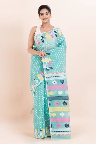 Silk cotton jamdani saree without blouse fabric