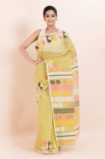 Silk cotton jamdani saree without blouse fabric
