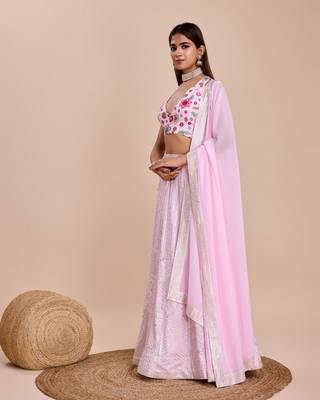 Pink Thread & Sequins Embroidered  georgette lehenga choli with dupatta 3