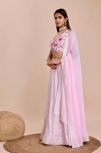 Pink Thread & Sequins Embroidered  georgette lehenga choli with dupatta