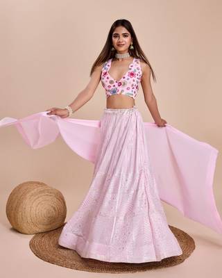 Pink Thread & Sequins Embroidered  georgette lehenga choli with dupatta 4