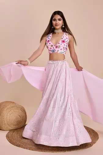 Pink Thread & Sequins Embroidered  georgette lehenga choli with dupatta