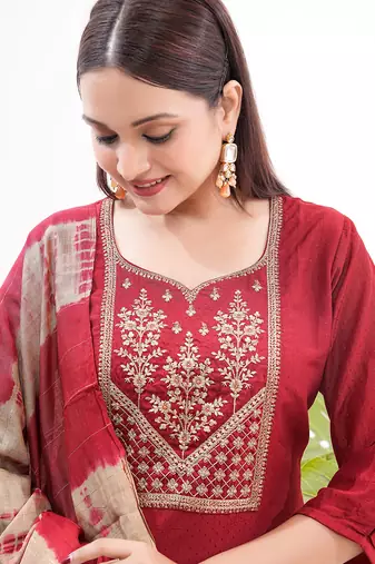 Red sequence embroidery silk salwar kameez suit